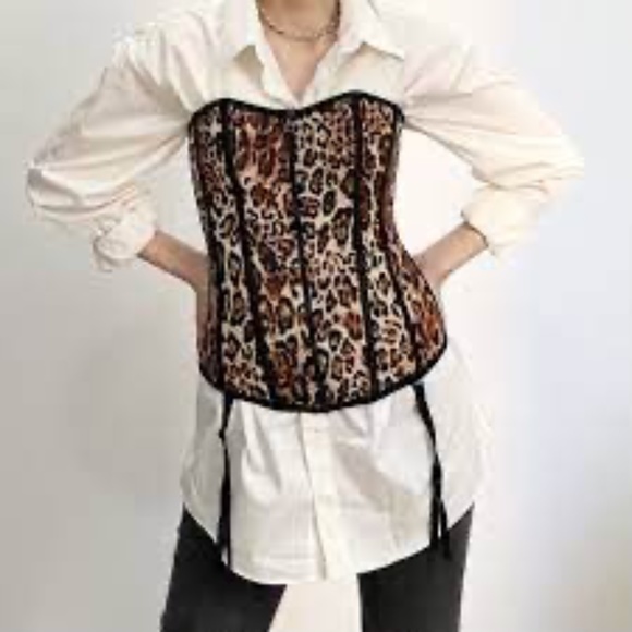 Leopard Print Corset - Lace up Back - Zip Up Front - With Thong and Garters NEW - Picture 2 of 7